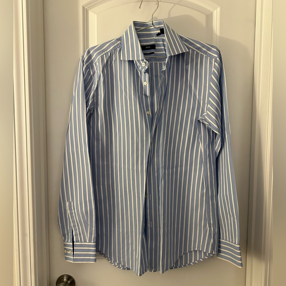 Hugo Boss Skyblue White Stripes Slim Fit Men’s Shirts. Size 39 15.5